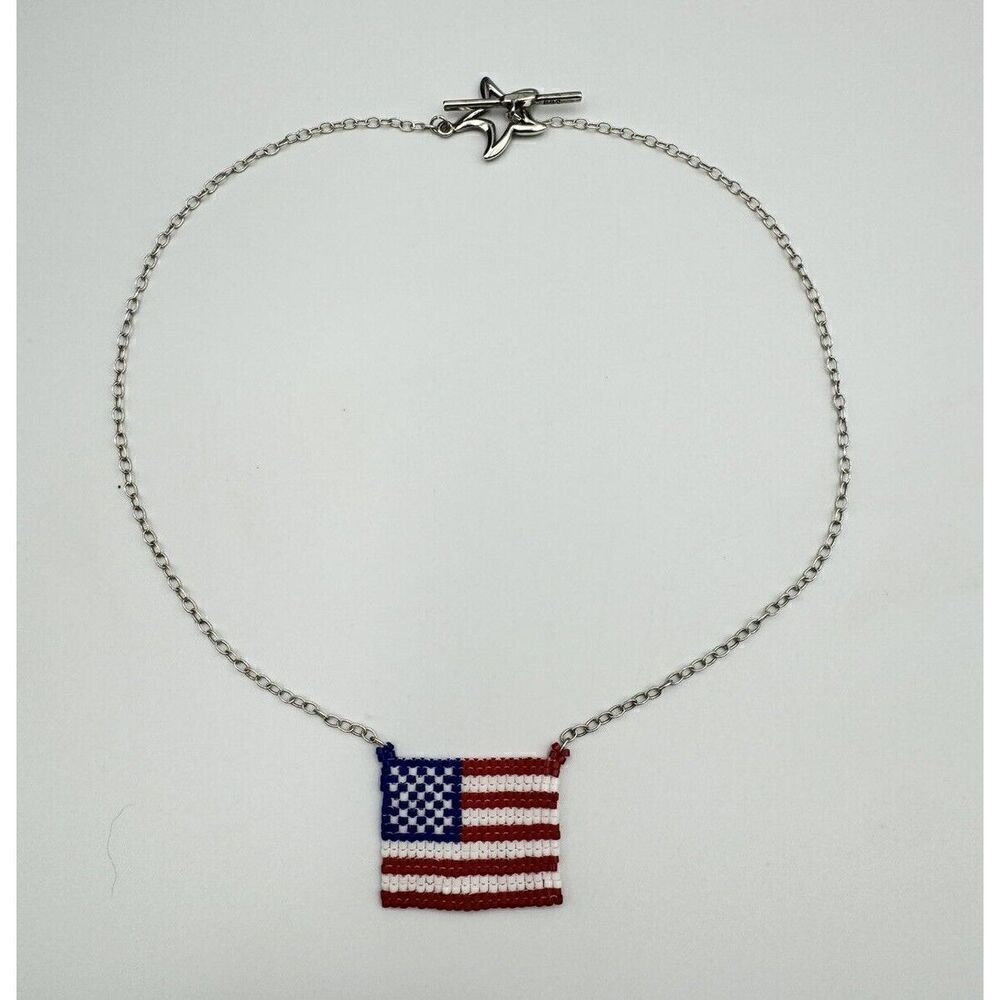 Patriotic Sterling Silver Seed Bead American Flag Necklace Red White Blue 16” - Picture 6 of 9